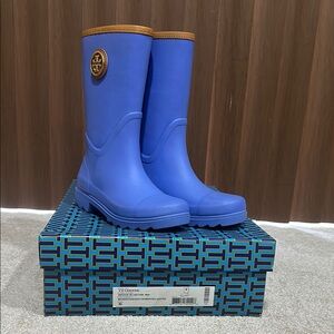 Tory Burch Blue Rain Boots with Brown Trim